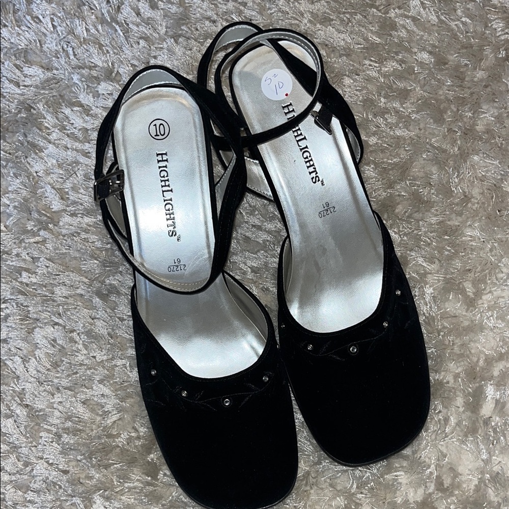 Y2K Black Velvet Ankle Strap Heels Rhinestone Detail Square Toe Size 10